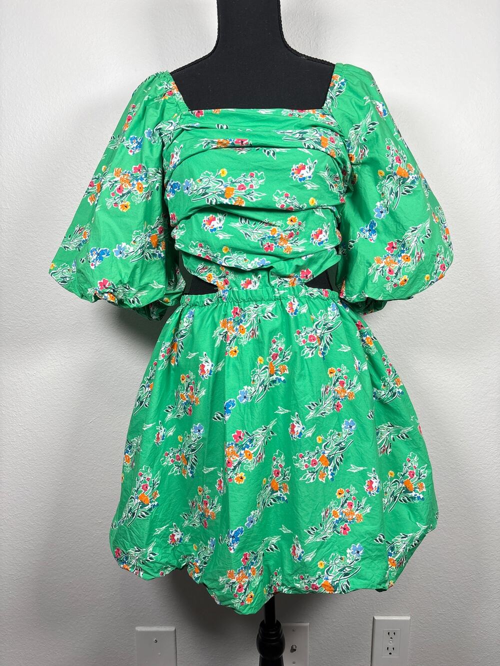 Target A New Day Green Floral Print Pleated Cutout Puff Sleeve Bubble Hem Dress